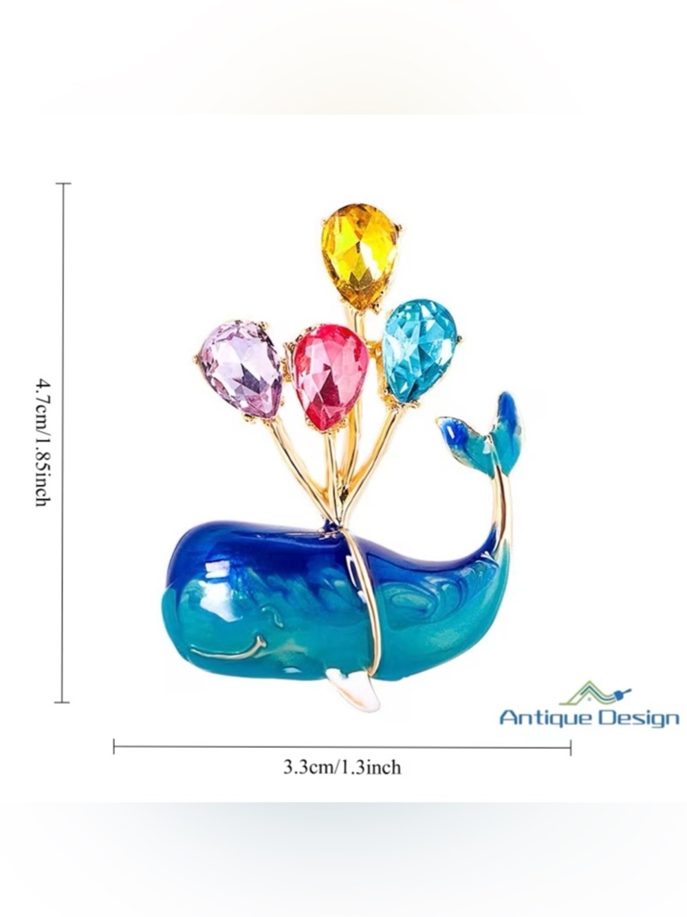 Blue Whale Brooch with Multicolor Gem Balloons - Picture 6 of 6